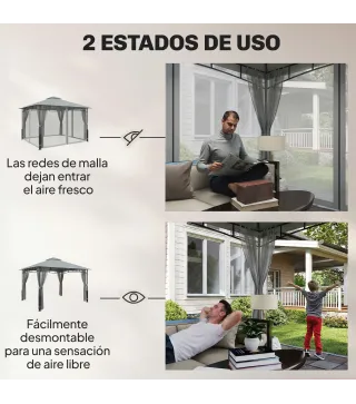 Carpa para Jardín con Techo Doble Cenador con Paredes de Malla UPF50+ para Exterior Terraza 360x300x275 cm Gris