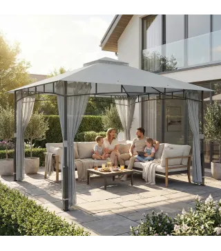 Carpa para Jardín con Techo Doble Cenador con Paredes de Malla UPF50+ para Exterior Terraza 360x300x275 cm Gris