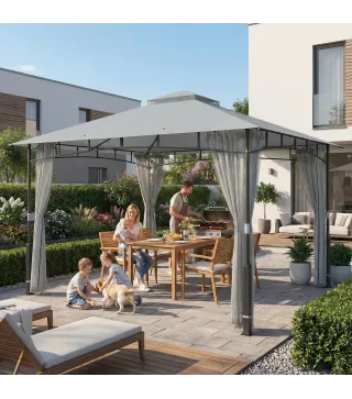 Carpa para Jardín con Techo Doble Cenador con Paredes de Malla UPF50+ para Exterior Terraza 360x300x275 cm Gris