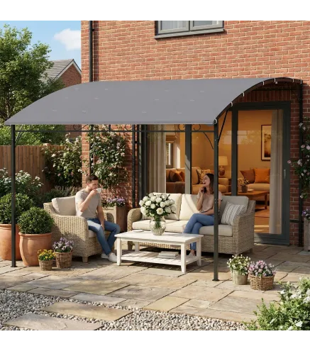 Pérgola de Pared 2,8x3,8 m con Techo Inclinado Orificios de Drenaje y Estructura Metálica Gris