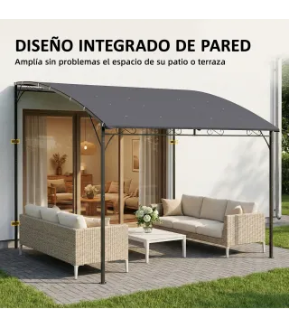 Pérgola de Pared 2,8x3,8 m con Techo Inclinado Orificios de Drenaje y Estructura Metálica Gris