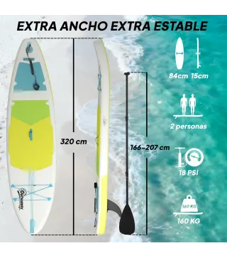 Tabla de Paddle Surf Hinchable 320 cm, con Superficie Antideslizante Remo de Aluminio Ajustable Quilla Bomba y Mochila