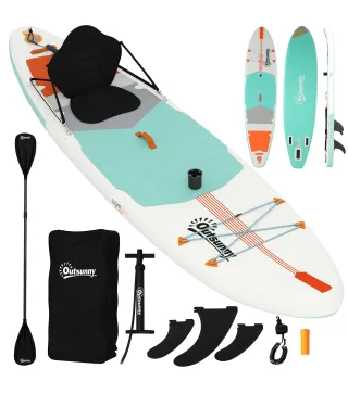 Tabla Paddle Surf Hinchable SUP Extra Largo de 335 cm con Asiento Remo Convertible Aletas Bomba y Mochila Carga 180 kg