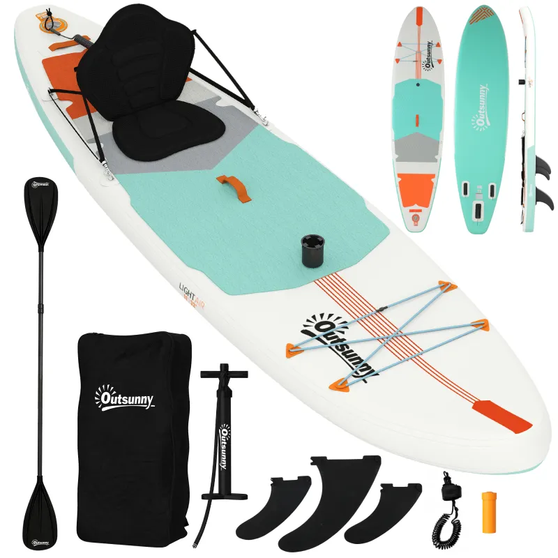 Tabla Paddle Surf Hinchable SUP Extra Largo de 335 cm con Asiento Remo Convertible Aletas Bomba y Mochila Carga 180 kg