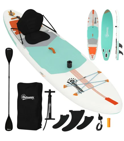 Tabla Paddle Surf Hinchable SUP Extra Largo de 335 cm con Asiento Remo Convertible Aletas Bomba y Mochila Carga 180 kg