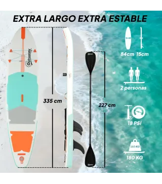 Tabla Paddle Surf Hinchable SUP Extra Largo de 335 cm con Asiento Remo Convertible Aletas Bomba y Mochila Carga 180 kg