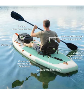 Tabla Paddle Surf Hinchable SUP Extra Largo de 335 cm con Asiento Remo Convertible Aletas Bomba y Mochila Carga 180 kg