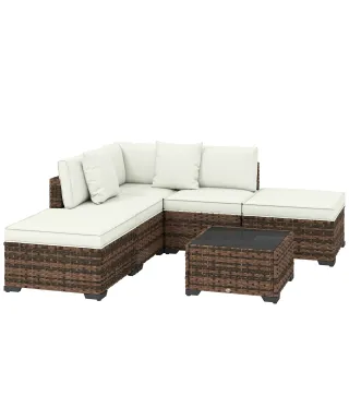 Conjunto de Jardín Exterior de Ratán de 6 Piezas con Silla Esquinero 2 Sillas sin Brazos Reposapiés y Mesa Marrón