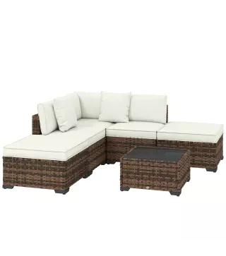 Conjunto de Jardín Exterior de Ratán de 6 Piezas con Silla Esquinero 2 Sillas sin Brazos Reposapiés y Mesa Marrón