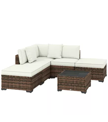 Conjunto de Jardín Exterior de Ratán de 6 Piezas con Silla Esquinero 2 Sillas sin Brazos Reposapiés y Mesa Marrón