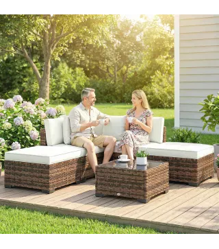 Conjunto de Jardín Exterior de Ratán de 6 Piezas con Silla Esquinero 2 Sillas sin Brazos Reposapiés y Mesa Marrón