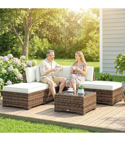 Conjunto de Jardín Exterior de Ratán de 6 Piezas con Silla Esquinero 2 Sillas sin Brazos Reposapiés y Mesa Marrón