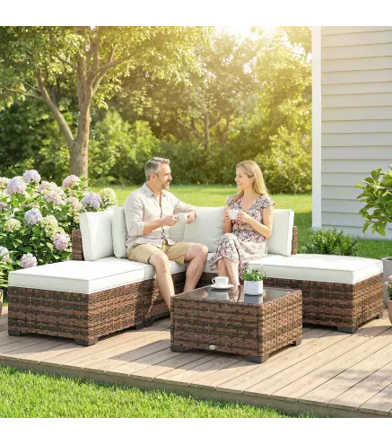 Conjunto de Jardín Exterior de Ratán de 6 Piezas con Silla Esquinero 2 Sillas sin Brazos Reposapiés y Mesa Marrón
