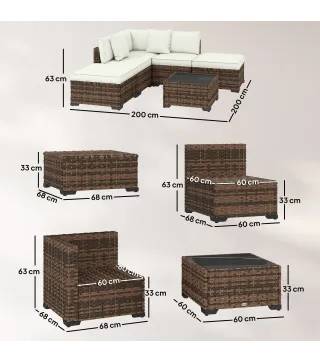 Conjunto de Jardín Exterior de Ratán de 6 Piezas con Silla Esquinero 2 Sillas sin Brazos Reposapiés y Mesa Marrón