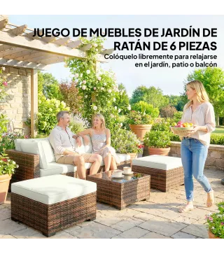 Conjunto de Jardín Exterior de Ratán de 6 Piezas con Silla Esquinero 2 Sillas sin Brazos Reposapiés y Mesa Marrón