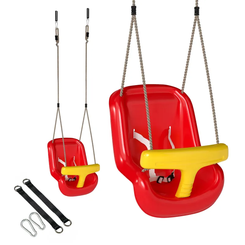 Columpio Infantil Cuerda Ajustable con Respaldo Alto Barandilla de Seguridad en T para Interior Exterior Rojo