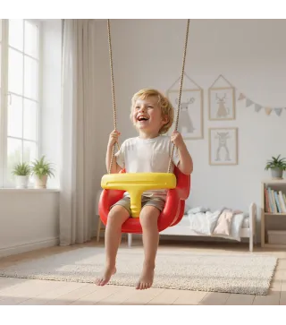 Columpio Infantil Cuerda Ajustable con Respaldo Alto Barandilla de Seguridad en T para Interior Exterior Rojo