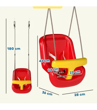 Columpio Infantil Cuerda Ajustable con Respaldo Alto Barandilla de Seguridad en T para Interior Exterior Rojo