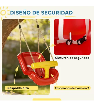 Columpio Infantil Cuerda Ajustable con Respaldo Alto Barandilla de Seguridad en T para Interior Exterior Rojo