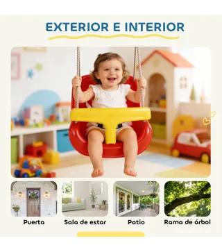 Columpio Infantil Cuerda Ajustable con Respaldo Alto Barandilla de Seguridad en T para Interior Exterior Rojo