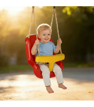 Columpio Infantil Cuerda Ajustable con Respaldo Alto Barandilla de Seguridad en T para Interior Exterior Rojo
