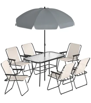 Conjunto de Mesa y Sillas Jardín de 8 Piezas con Sombrilla 6 Sillas Plegables Mesa de Vidrio Templado Crema