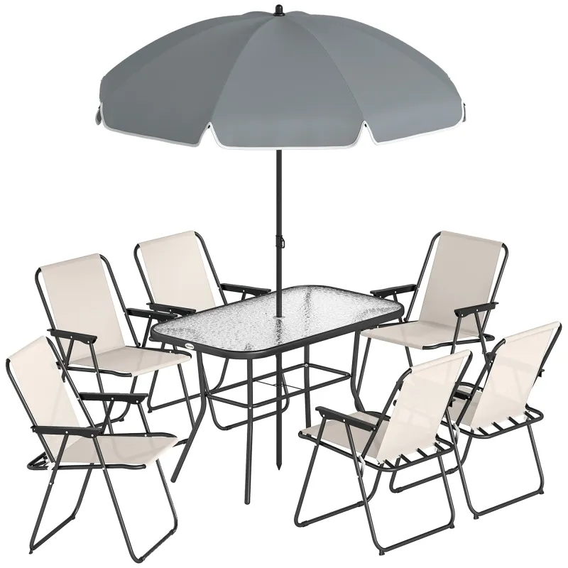 Conjunto de Mesa y Sillas Jardín de 8 Piezas con Sombrilla 6 Sillas Plegables Mesa de Vidrio Templado Crema