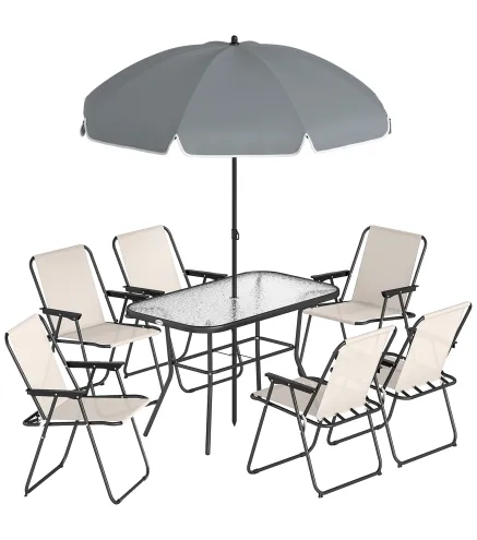Conjunto de Mesa y Sillas Jardín de 8 Piezas con Sombrilla 6 Sillas Plegables Mesa de Vidrio Templado Crema