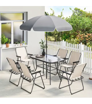 Conjunto de Mesa y Sillas Jardín de 8 Piezas con Sombrilla 6 Sillas Plegables Mesa de Vidrio Templado Crema