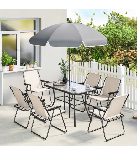 Conjunto de Mesa y Sillas Jardín de 8 Piezas con Sombrilla 6 Sillas Plegables Mesa de Vidrio Templado Crema