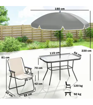 Conjunto de Mesa y Sillas Jardín de 8 Piezas con Sombrilla 6 Sillas Plegables Mesa de Vidrio Templado Crema