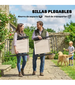 Conjunto de Mesa y Sillas Jardín de 8 Piezas con Sombrilla 6 Sillas Plegables Mesa de Vidrio Templado Crema