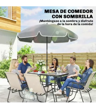 Conjunto de Mesa y Sillas Jardín de 8 Piezas con Sombrilla 6 Sillas Plegables Mesa de Vidrio Templado Crema