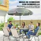 Conjunto de Mesa y Sillas Jardín de 8 Piezas con Sombrilla 6 Sillas Plegables Mesa de Vidrio Templado Crema