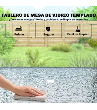 Conjunto de Mesa y Sillas Jardín de 8 Piezas con Sombrilla 6 Sillas Plegables Mesa de Vidrio Templado Crema