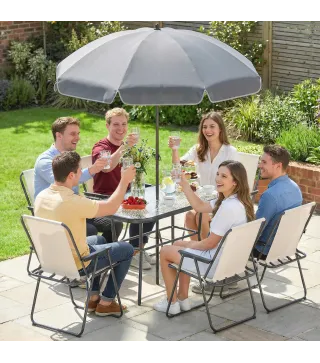 Conjunto de Mesa y Sillas Jardín de 8 Piezas con Sombrilla 6 Sillas Plegables Mesa de Vidrio Templado Crema