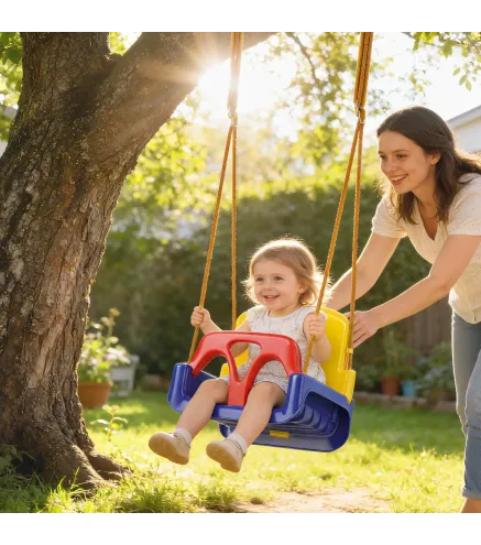 Columpio Infantil 3 en 1 Cuerda Ajustable con Respaldo Desmontable Barra en T Cinturón de Seguridad Azul Oscuro