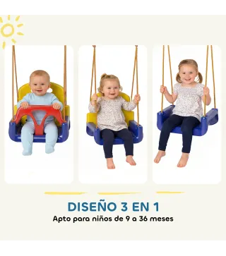 Columpio Infantil 3 en 1 Cuerda Ajustable con Respaldo Desmontable Barra en T Cinturón de Seguridad Azul Oscuro