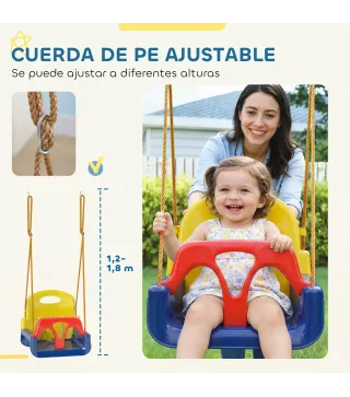Columpio Infantil 3 en 1 Cuerda Ajustable con Respaldo Desmontable Barra en T Cinturón de Seguridad Azul Oscuro