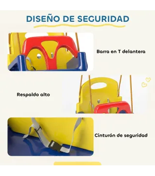 Columpio Infantil 3 en 1 Cuerda Ajustable con Respaldo Desmontable Barra en T Cinturón de Seguridad Azul Oscuro