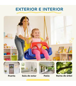 Columpio Infantil 3 en 1 Cuerda Ajustable con Respaldo Desmontable Barra en T Cinturón de Seguridad Azul Oscuro
