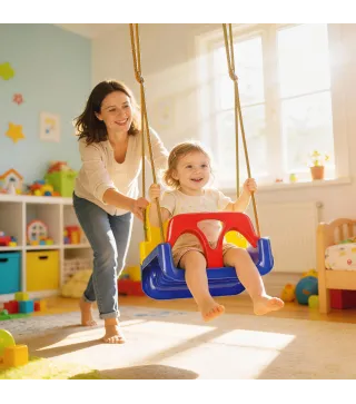 Columpio Infantil 3 en 1 Cuerda Ajustable con Respaldo Desmontable Barra en T Cinturón de Seguridad Azul Oscuro