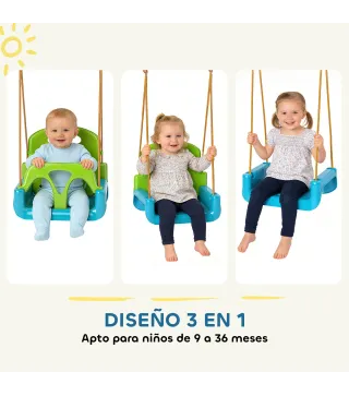 Columpio Infantil 3 en 1 Cuerda Ajustable con Respaldo Desmontable Barra en T Cinturón de Seguridad Verde Oscuro