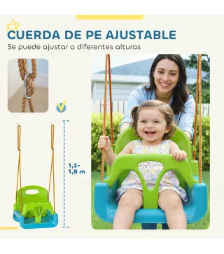 Columpio Infantil 3 en 1 Cuerda Ajustable con Respaldo Desmontable Barra en T Cinturón de Seguridad Verde Oscuro