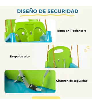 Columpio Infantil 3 en 1 Cuerda Ajustable con Respaldo Desmontable Barra en T Cinturón de Seguridad Verde Oscuro