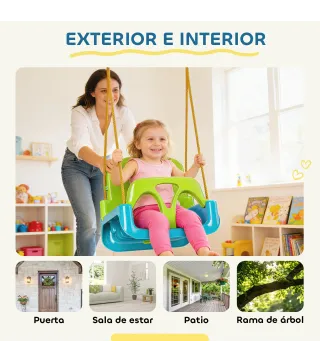 Columpio Infantil 3 en 1 Cuerda Ajustable con Respaldo Desmontable Barra en T Cinturón de Seguridad Verde Oscuro