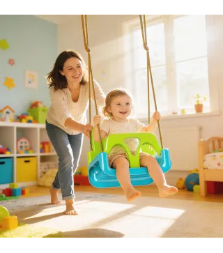 Columpio Infantil 3 en 1 Cuerda Ajustable con Respaldo Desmontable Barra en T Cinturón de Seguridad Verde Oscuro