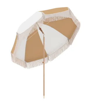 Sombrilla de Playa con Flecos Ø175 cm Sombrilla de Terraza Exterior con Altura Ajustable Inclinación 30° Blanco y Beige