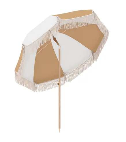 Sombrilla de Playa con Flecos Ø175 cm Sombrilla de Terraza Exterior con Altura Ajustable Inclinación 30° Blanco y Beige