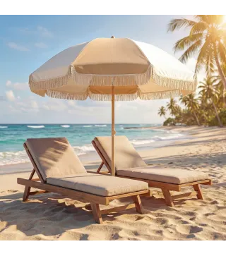 Sombrilla de Playa con Flecos Ø175 cm Sombrilla de Terraza Exterior con Altura Ajustable Inclinación 30° Blanco y Beige